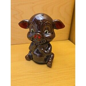 Mid 20th Century Glazed Redware Ceramic Kitsch Piggy Bank Japan 4.75" x 4.5"